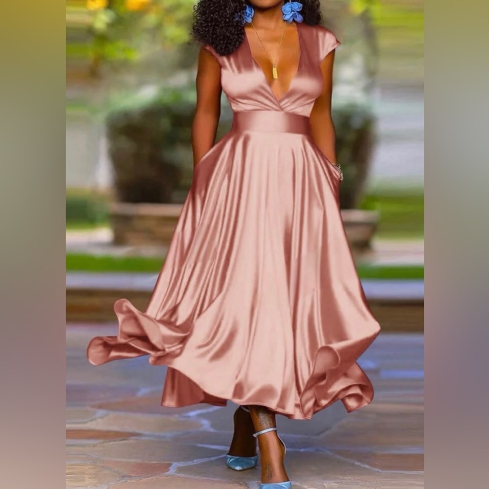 Luxe baby pink surplice neck satin dress